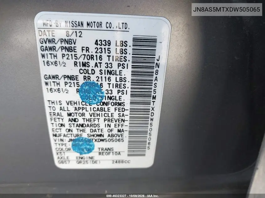 2013 NISSAN ROGUE VIN JN8AS5MTXDW505065 — фото 9