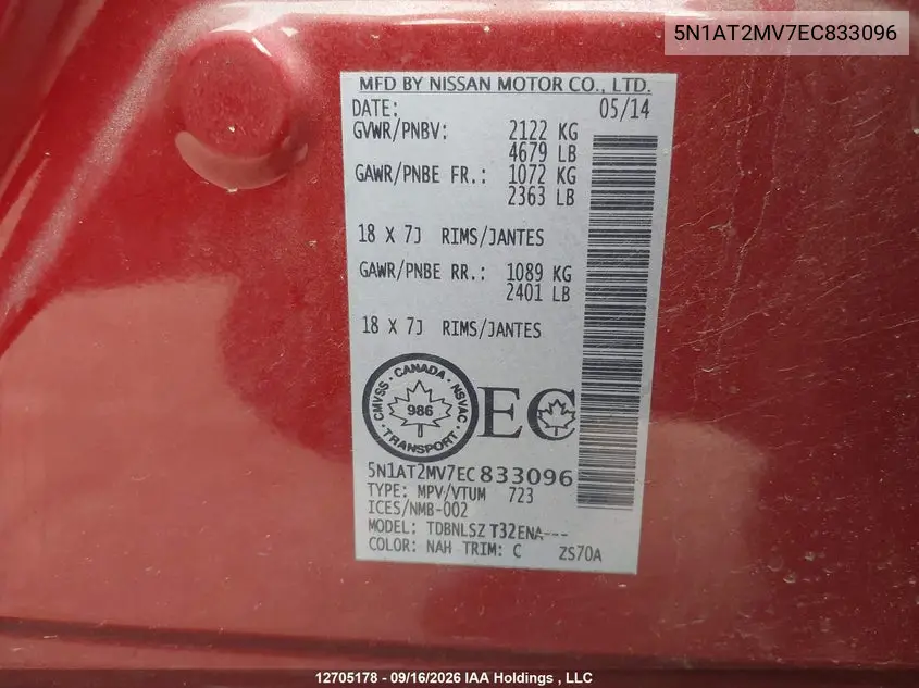 2014 NISSAN ROGUE VIN 5N1AT2MV7EC833096 — фото 9