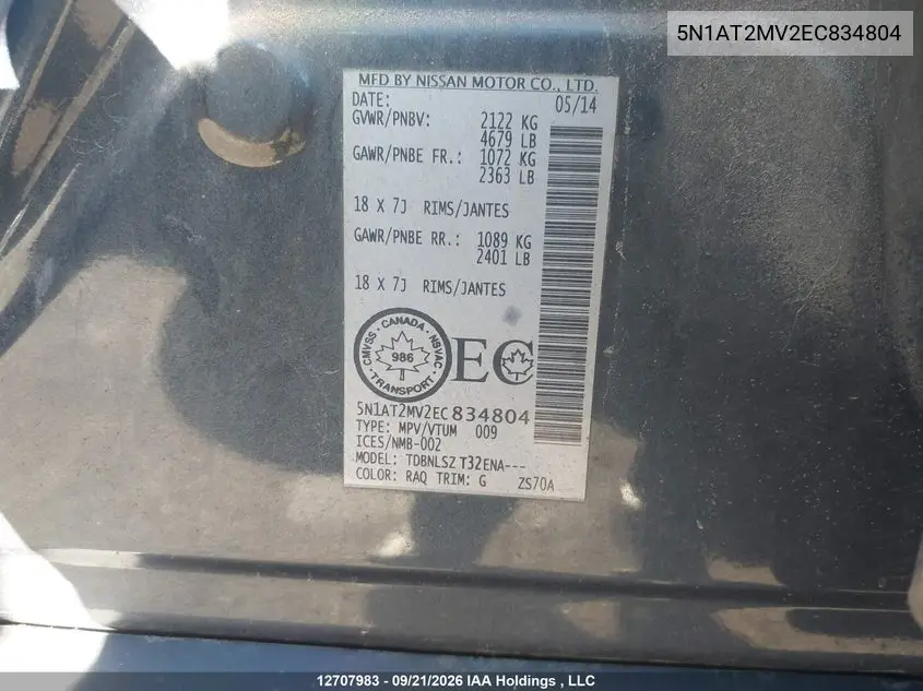 2014 NISSAN ROGUE VIN 5N1AT2MV2EC834804 — фото 9