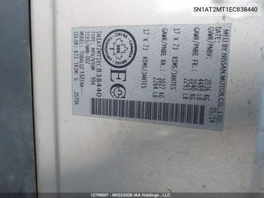 2014 NISSAN ROGUE VIN 5N1AT2MT1EC838440 — фото 19
