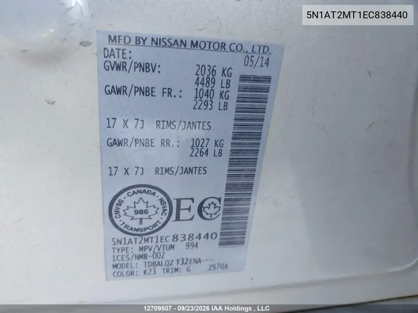 2014 NISSAN ROGUE VIN 5N1AT2MT1EC838440 — фото 9