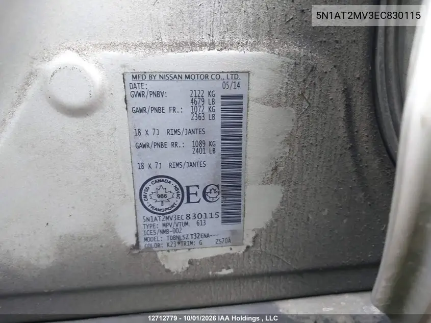 2014 NISSAN ROGUE VIN 5N1AT2MV3EC830115 — фото 9