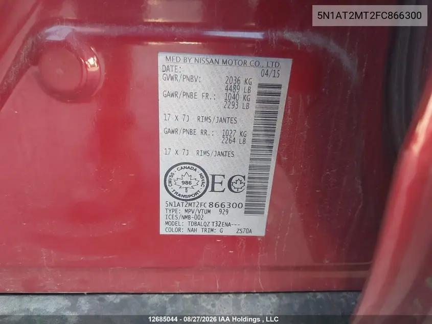 2015 NISSAN ROGUE VIN 5N1AT2MT2FC866300 — фото 9
