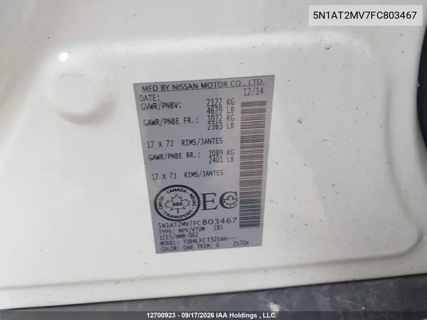2015 NISSAN ROGUE VIN 5N1AT2MV7FC803467 — фото 9