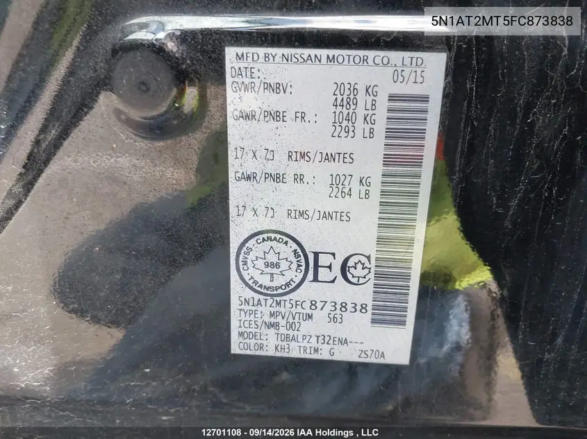 2015 NISSAN ROGUE VIN 5N1AT2MT5FC873838 — фото 19
