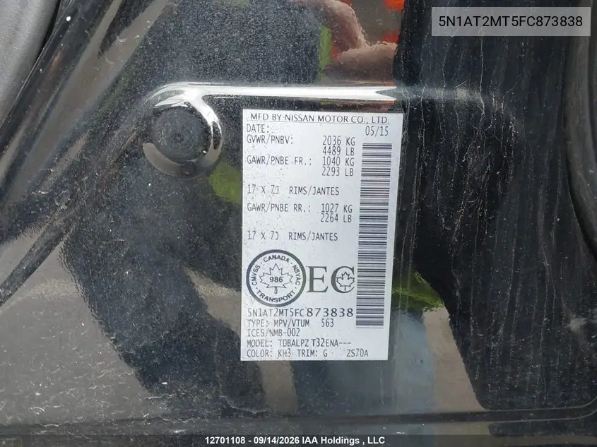 2015 NISSAN ROGUE VIN 5N1AT2MT5FC873838 — фото 9