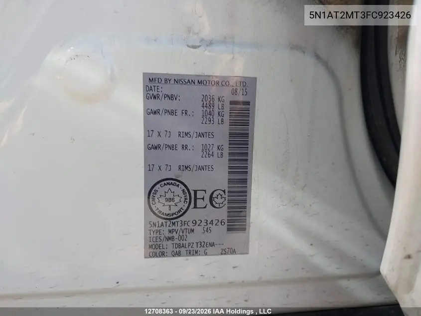 2015 NISSAN ROGUE VIN 5N1AT2MT3FC923426 — фото 18