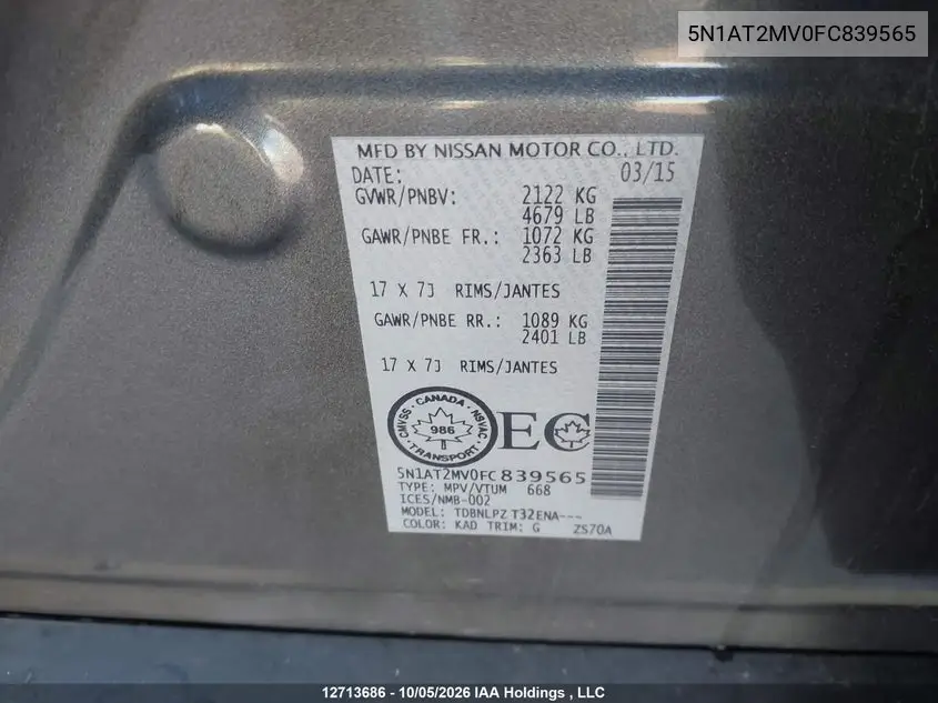2015 NISSAN ROGUE VIN 5N1AT2MV0FC839565 — фото 21