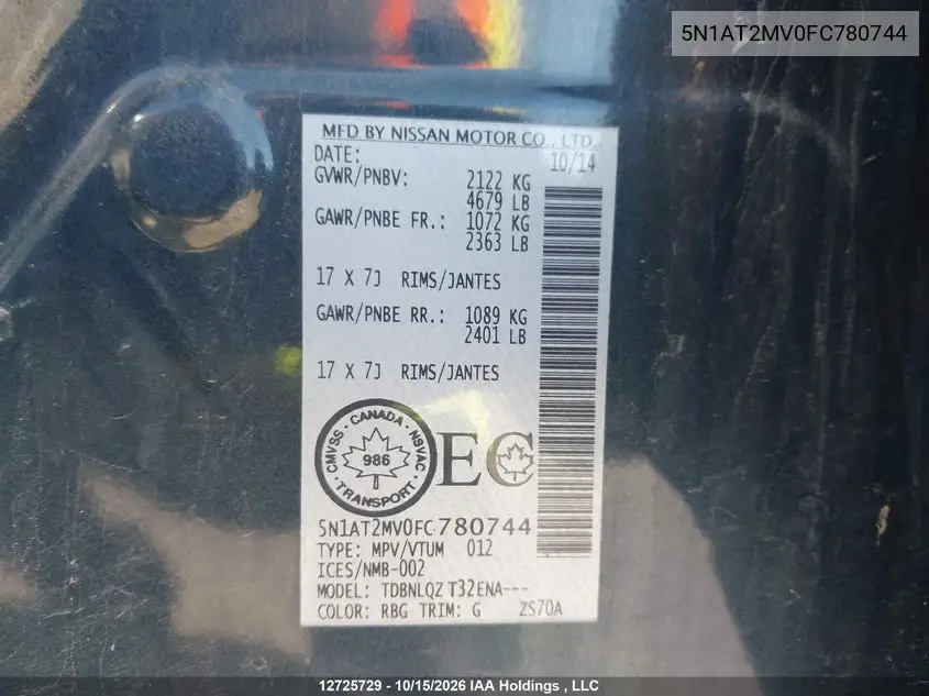2015 NISSAN ROGUE VIN 5N1AT2MV0FC780744 — фото 9