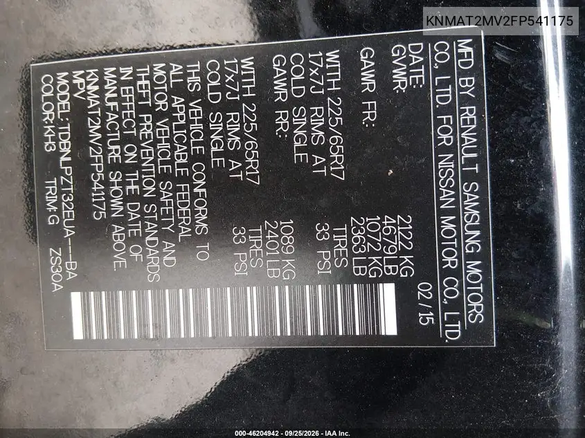 2015 NISSAN ROGUE VIN KNMAT2MV2FP541175 — фото 9