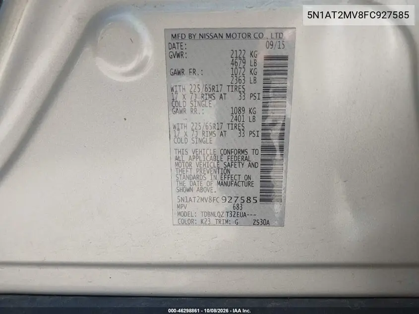 2015 NISSAN ROGUE VIN 5N1AT2MV8FC927585 — фото 9