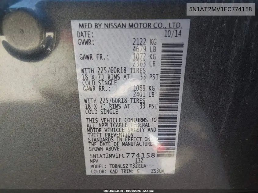 2015 NISSAN ROGUE VIN 5N1AT2MV1FC774158 — фото 9