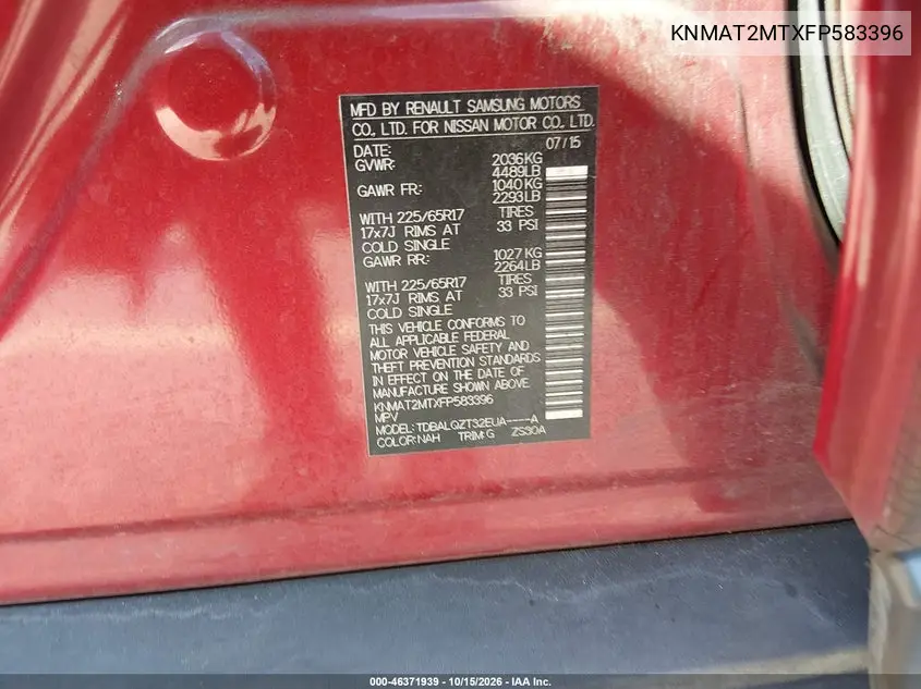 2015 NISSAN ROGUE VIN KNMAT2MTXFP583396 — фото 9