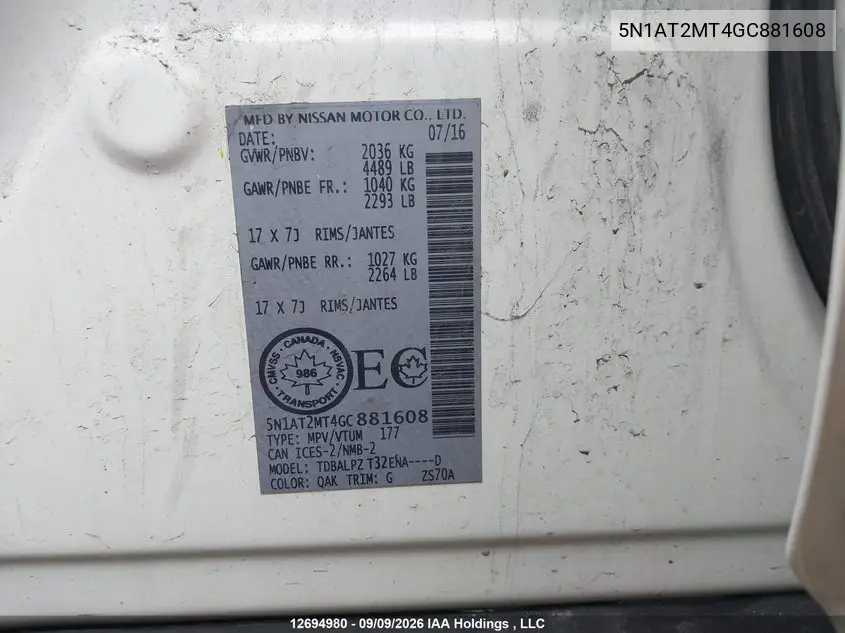 2016 NISSAN ROGUE VIN 5N1AT2MT4GC881608 — фото 18