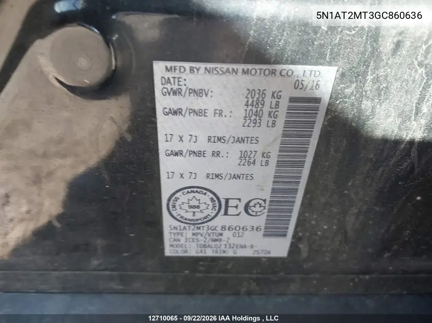 2016 NISSAN ROGUE VIN 5N1AT2MT3GC860636 — фото 9