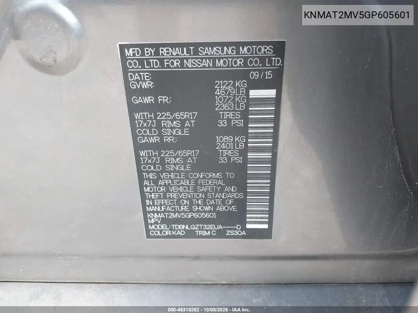 2016 NISSAN ROGUE VIN KNMAT2MV5GP605601 — фото 9