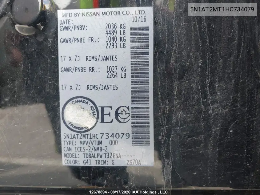 2017 NISSAN ROGUE VIN 5N1AT2MT1HC734079 — фото 9