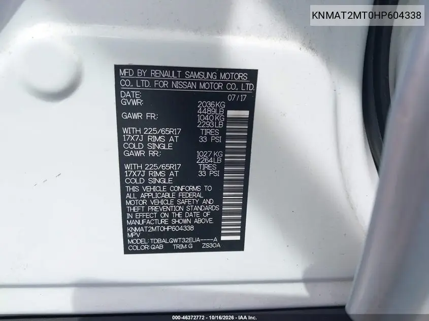 2017 NISSAN ROGUE VIN KNMAT2MT0HP604338 — фото 9