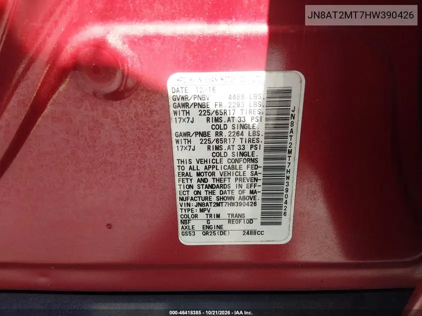 2017 NISSAN ROGUE VIN JN8AT2MT7HW390426 — фото 9