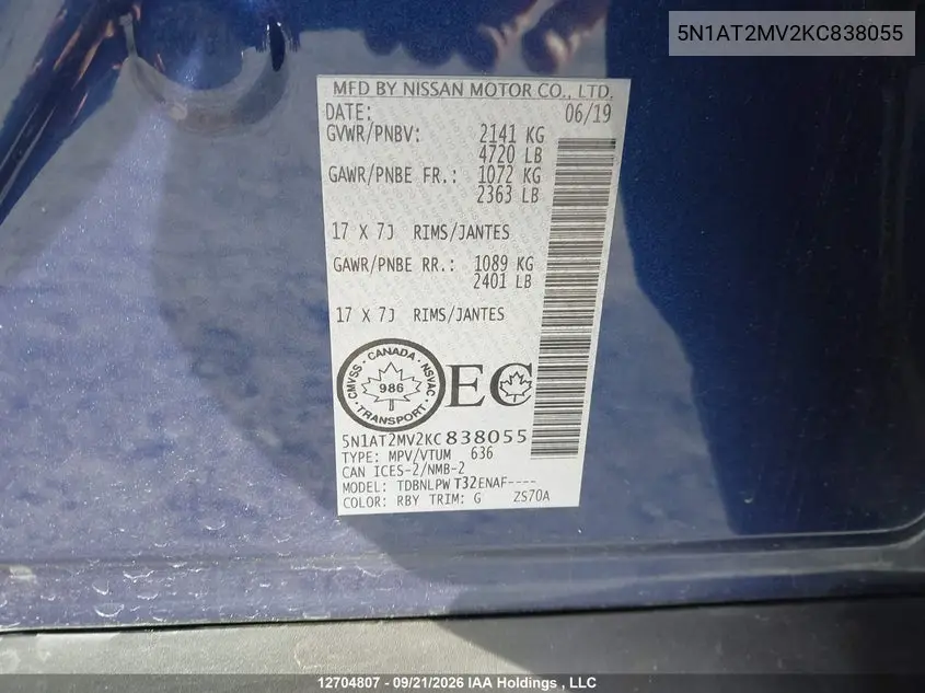 2019 NISSAN ROGUE VIN 5N1AT2MV2KC838055 — фото 9