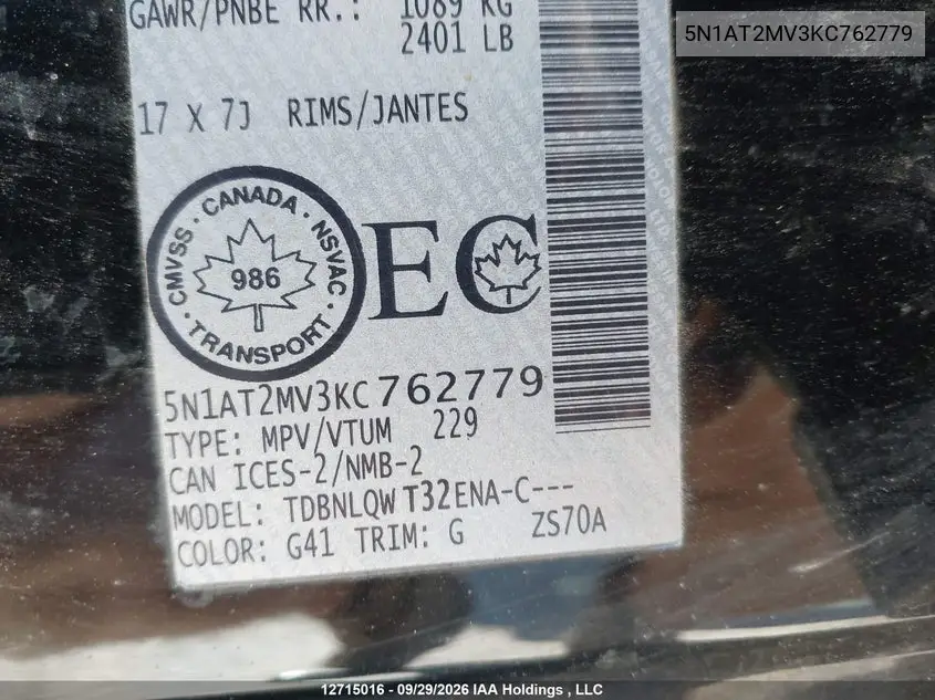 2019 NISSAN ROGUE VIN 5N1AT2MV3KC762779 — фото 18
