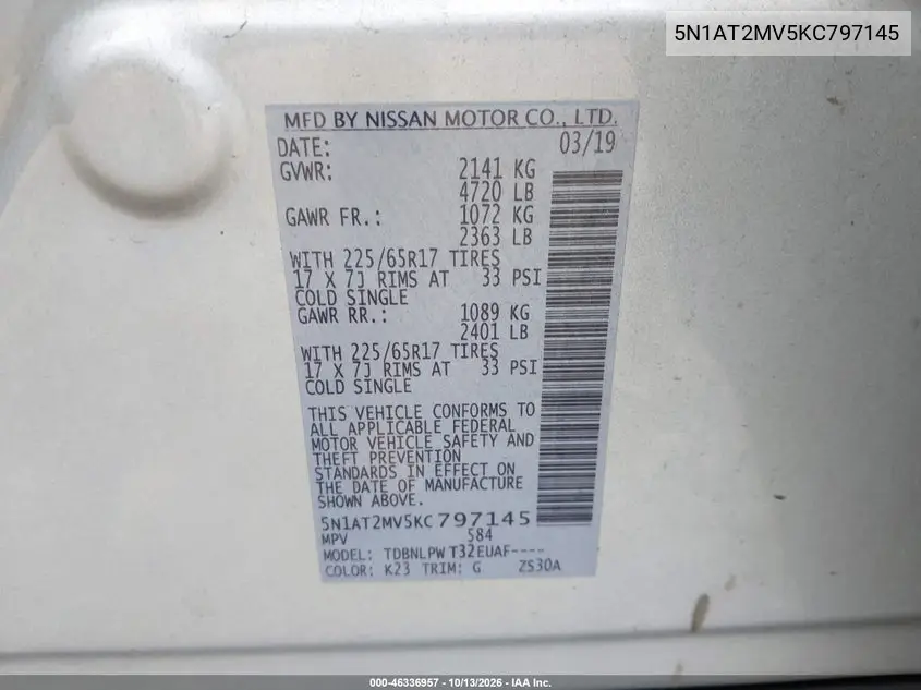 2019 NISSAN ROGUE VIN 5N1AT2MV5KC797145 — фото 9