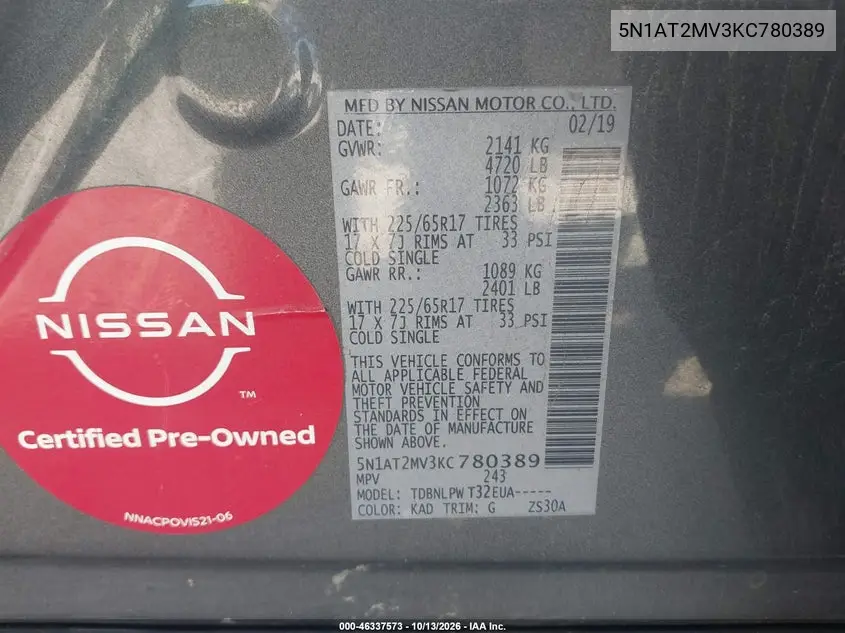 2019 NISSAN ROGUE VIN 5N1AT2MV3KC780389 — фото 9