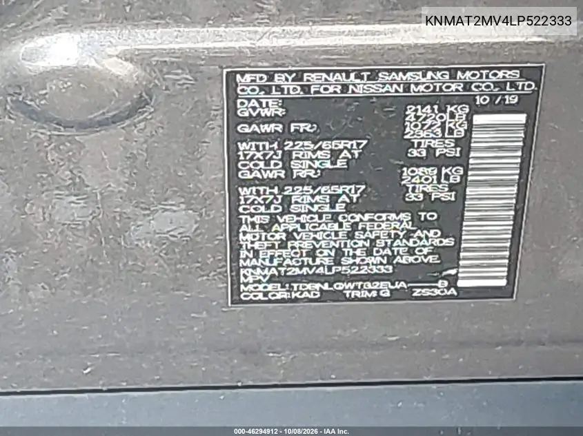 2020 NISSAN ROGUE VIN KNMAT2MV4LP522333 — фото 9