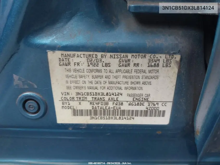 2003 NISSAN SENTRA VIN 3N1CB51DX3L814124 — фото 9