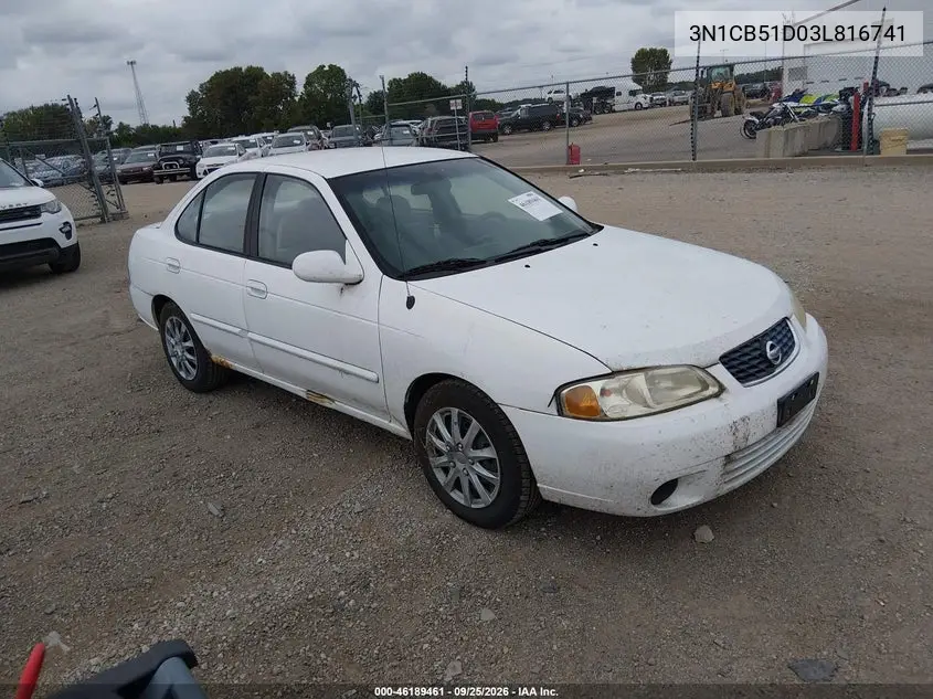 NISSAN SENTRA 2003, VIN 3N1CB51D03L816741