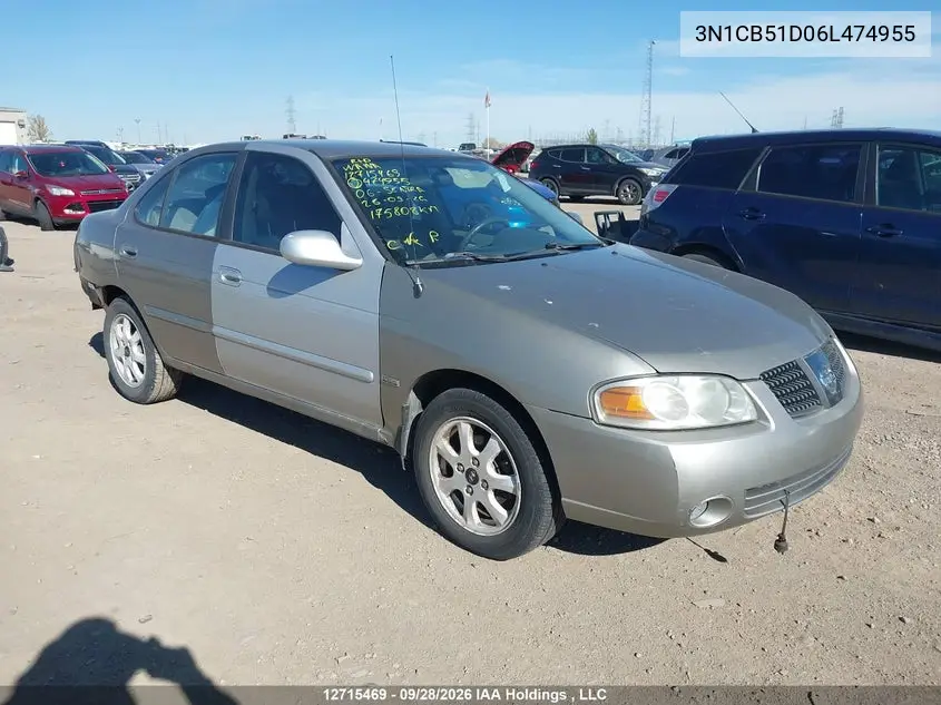 NISSAN SENTRA 2006, VIN 3N1CB51D06L474955