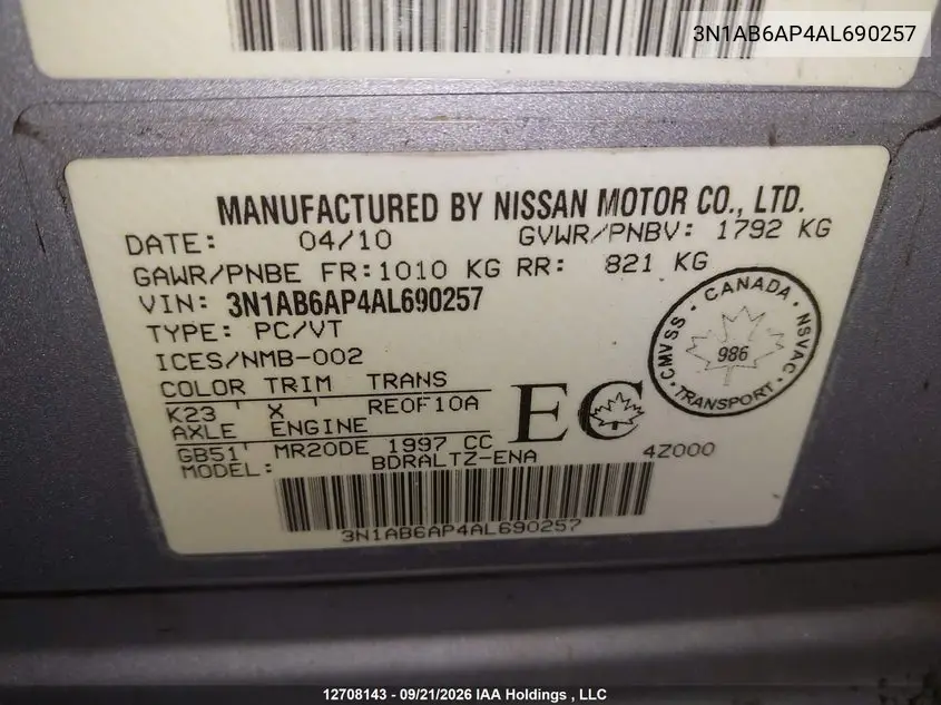 2010 NISSAN SENTRA VIN 3N1AB6AP4AL690257 — фото 18