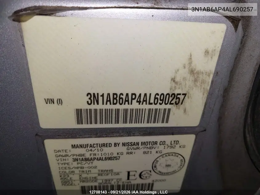 2010 NISSAN SENTRA VIN 3N1AB6AP4AL690257 — фото 9