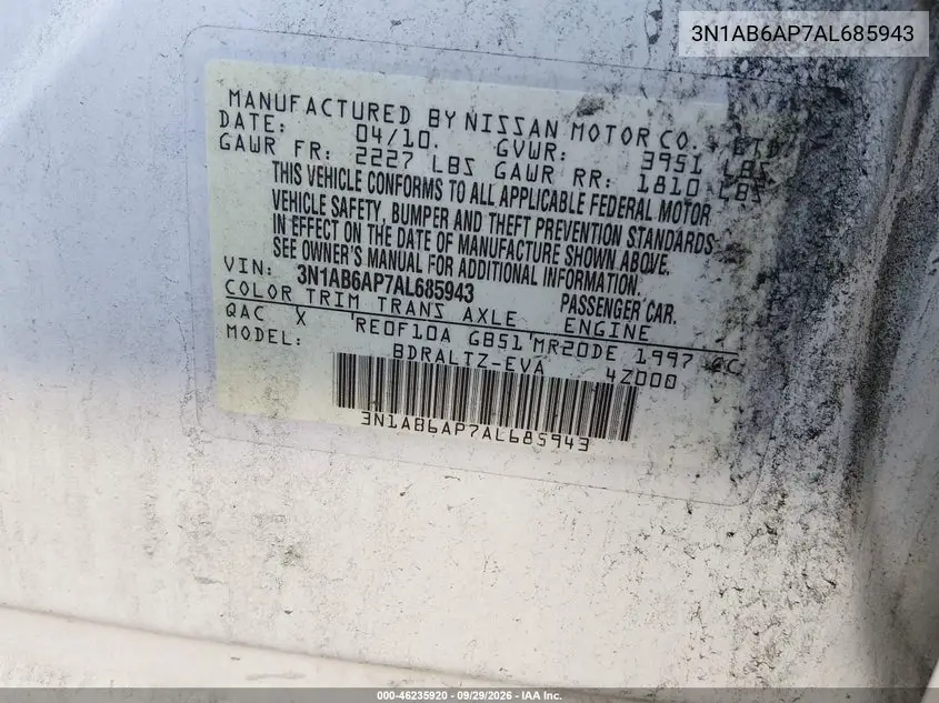 2010 NISSAN SENTRA VIN 3N1AB6AP7AL685943 — фото 9