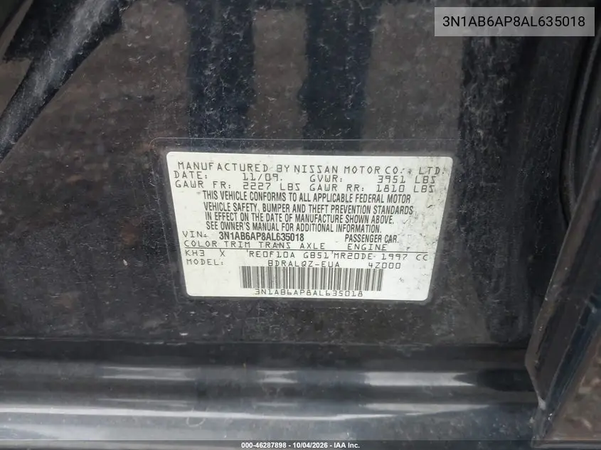 2010 NISSAN SENTRA VIN 3N1AB6AP8AL635018 — фото 9