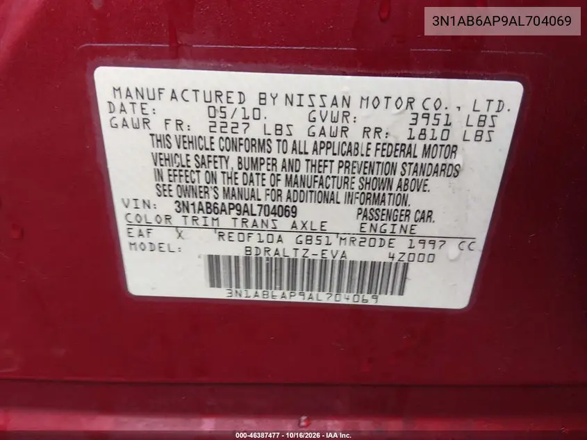 2010 NISSAN SENTRA VIN 3N1AB6AP9AL704069 — фото 9