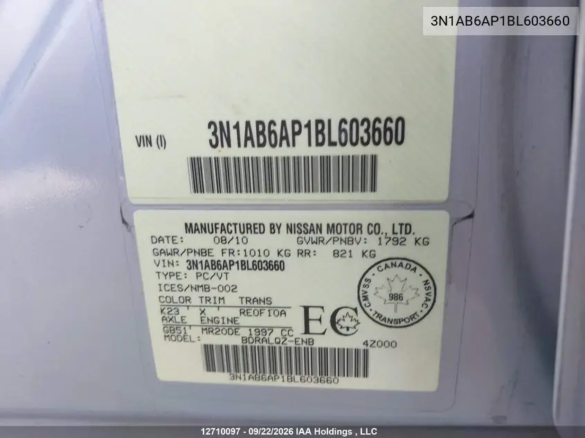 2011 NISSAN SENTRA VIN 3N1AB6AP1BL603660 — фото 9