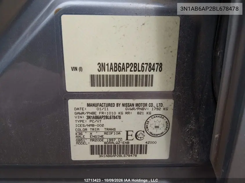 2011 NISSAN SENTRA VIN 3N1AB6AP2BL678478 — фото 19