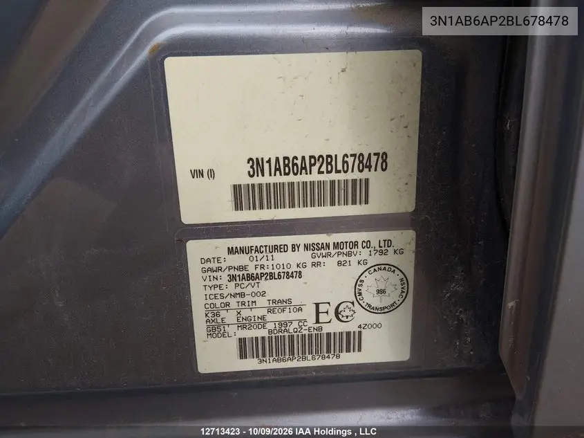2011 NISSAN SENTRA VIN 3N1AB6AP2BL678478 — фото 9