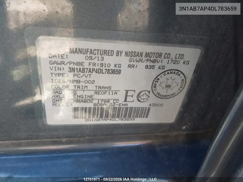 2013 NISSAN SENTRA VIN 3N1AB7AP4DL783659 — фото 9