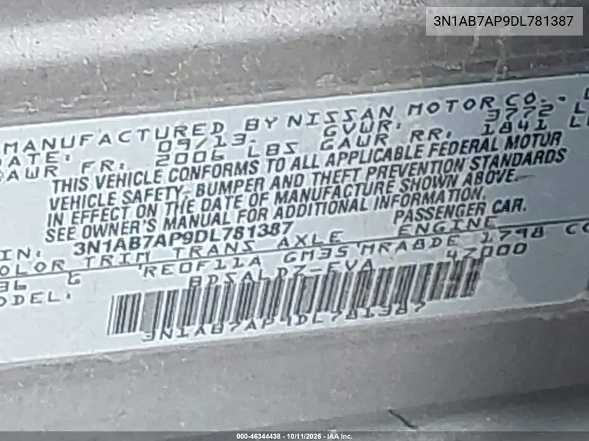 2013 NISSAN SENTRA VIN 3N1AB7AP9DL781387 — фото 9