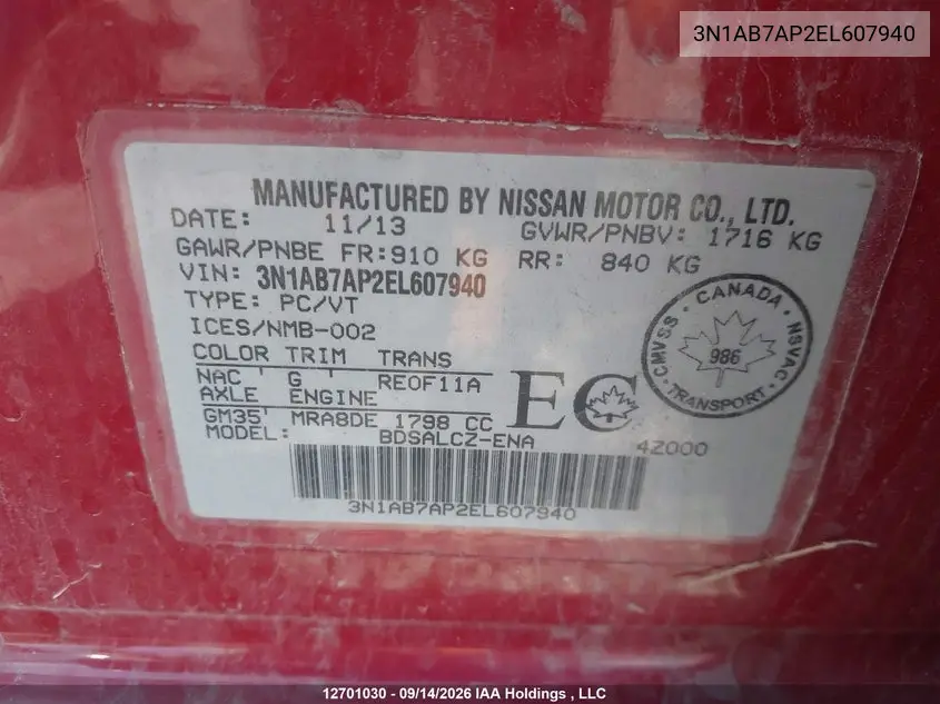 2014 NISSAN SENTRA VIN 3N1AB7AP2EL607940 — фото 9