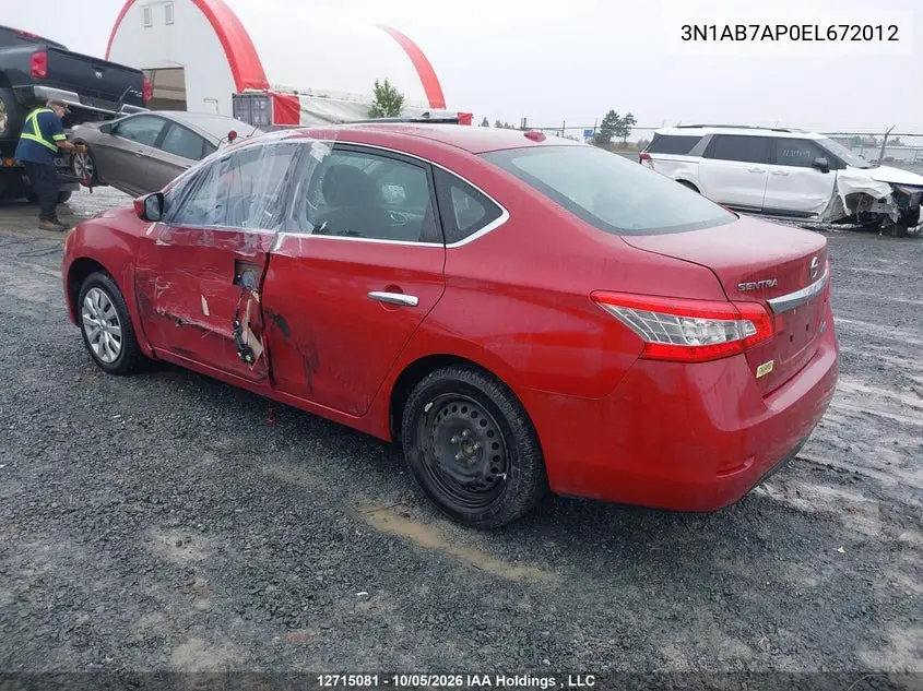 2014 NISSAN SENTRA VIN 3N1AB7AP0EL672012 — фото 3