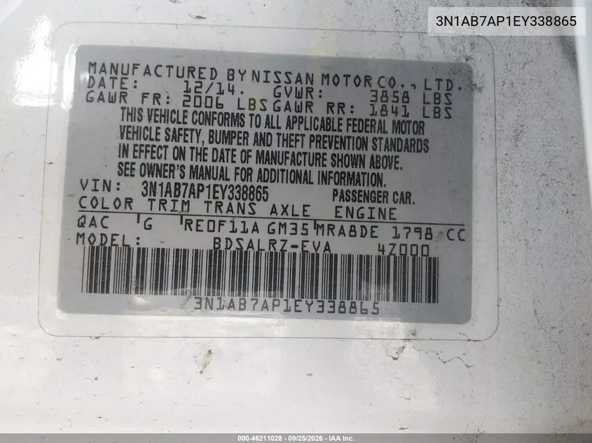 2014 NISSAN SENTRA VIN 3N1AB7AP1EY338865 — фото 9