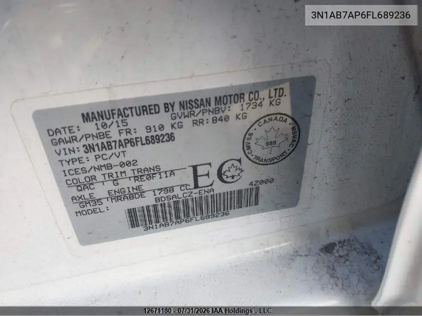 2015 NISSAN SENTRA VIN 3N1AB7AP6FL689236 — фото 9