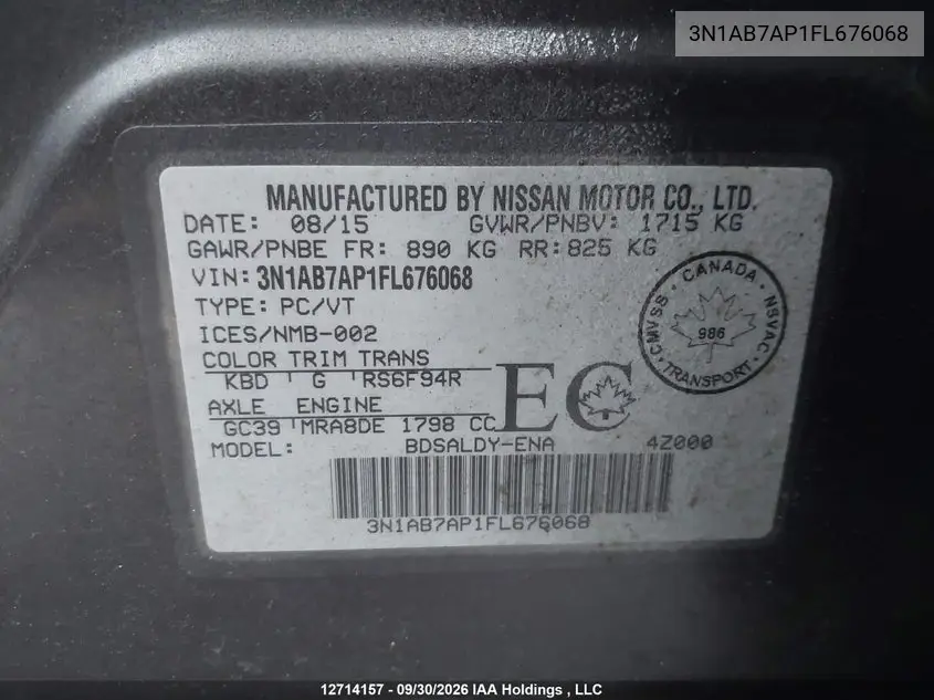 2015 NISSAN SENTRA VIN 3N1AB7AP1FL676068 — фото 9