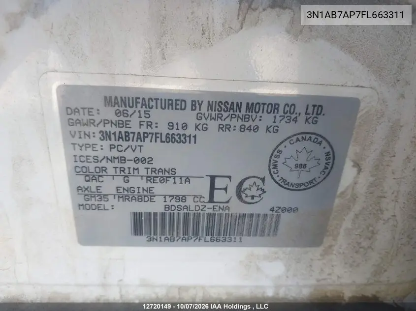 2015 NISSAN SENTRA VIN 3N1AB7AP7FL663311 — фото 9