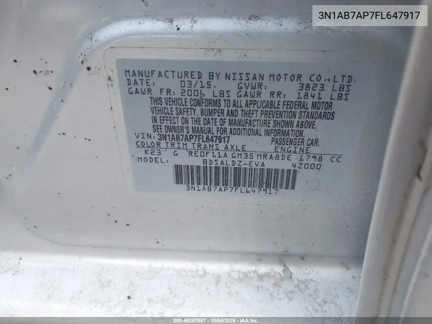 2015 NISSAN SENTRA VIN 3N1AB7AP7FL647917 — фото 9