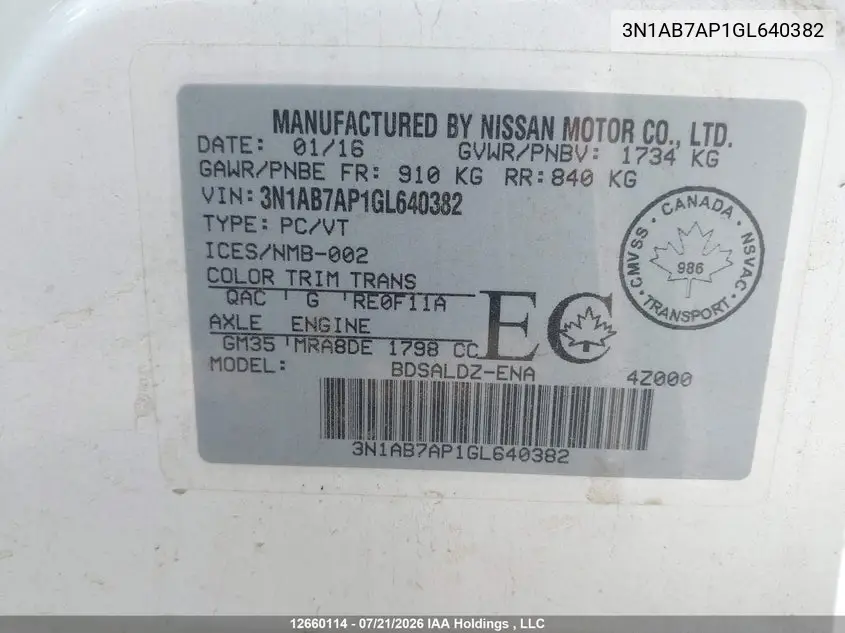 2016 NISSAN SENTRA VIN 3N1AB7AP1GL640382 — фото 9