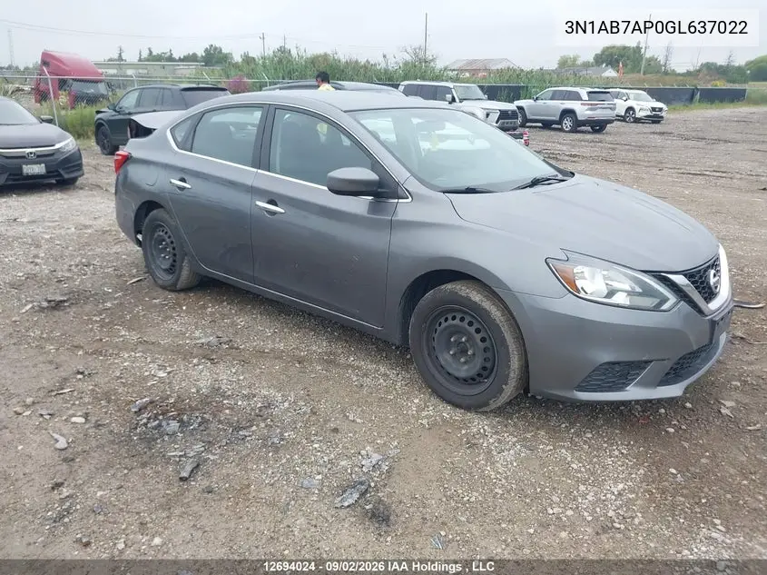NISSAN SENTRA 2016, VIN 3N1AB7AP0GL637022